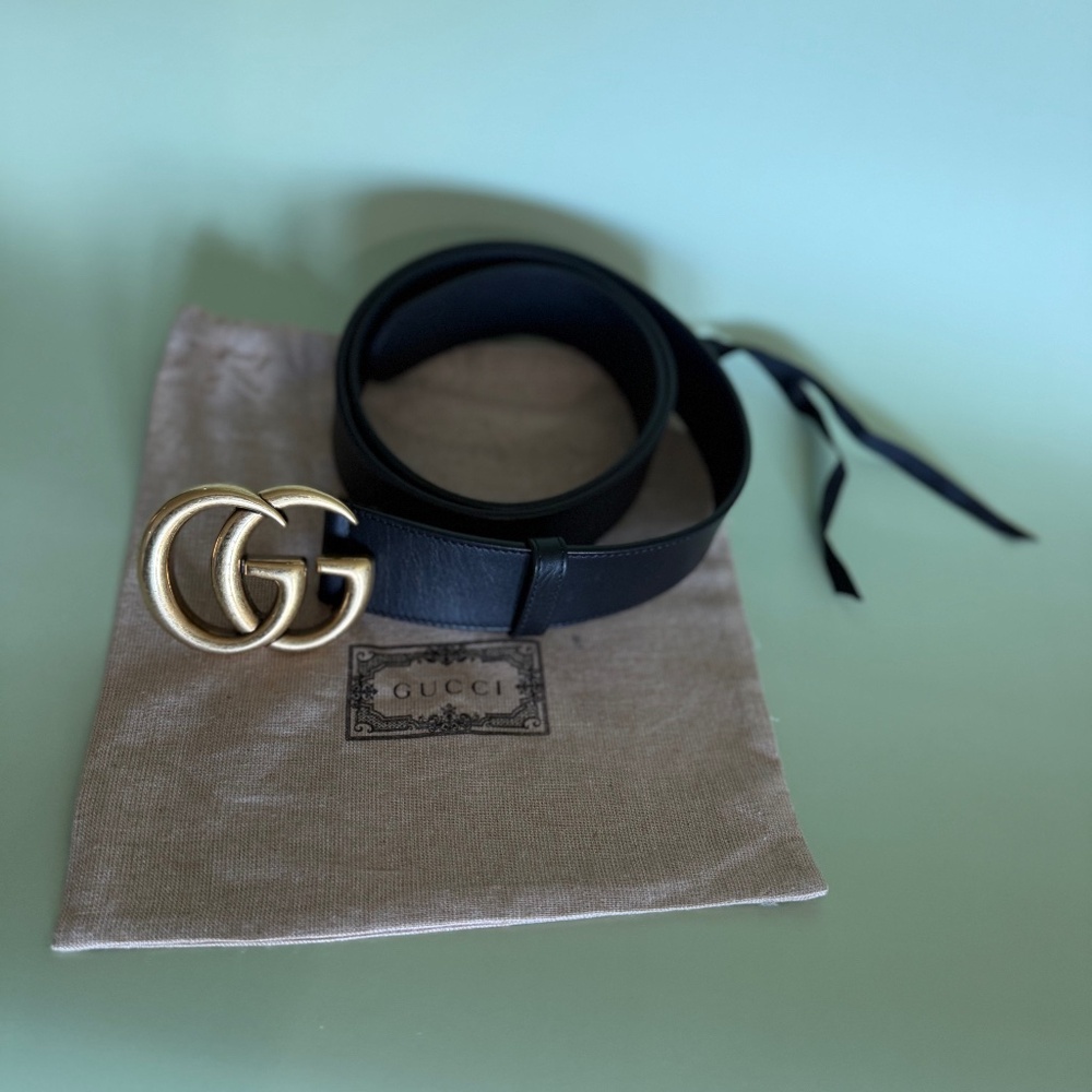 Gucci GG Marmont Leather Belt-Gold Double G-retail $500